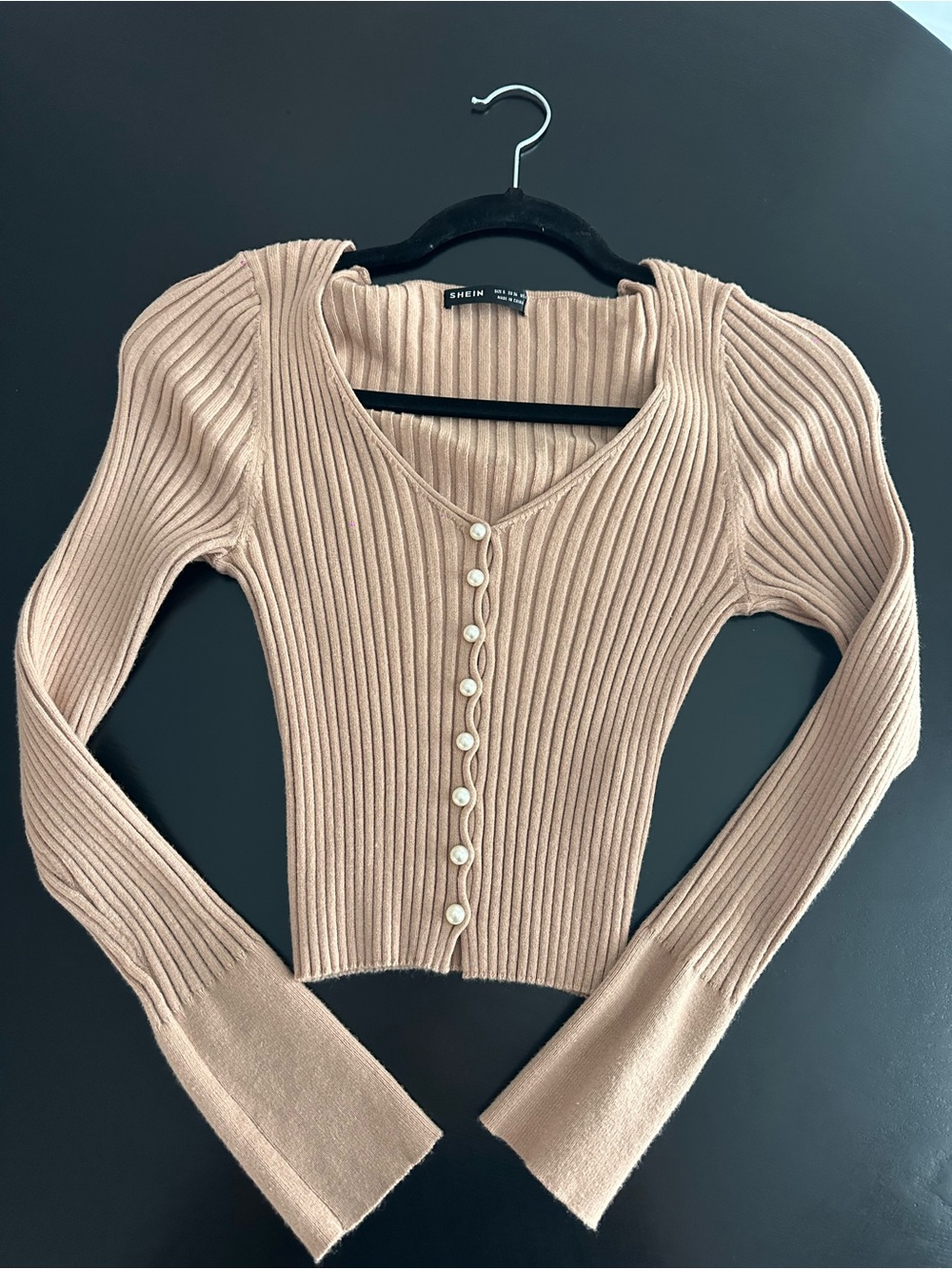 SHEIN Beige Ribbed Long-Sleeve Button Front Scoop Neck Top